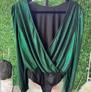 Good Luck Gem Green Wrap Bodysuit Long Sleeve Fitted